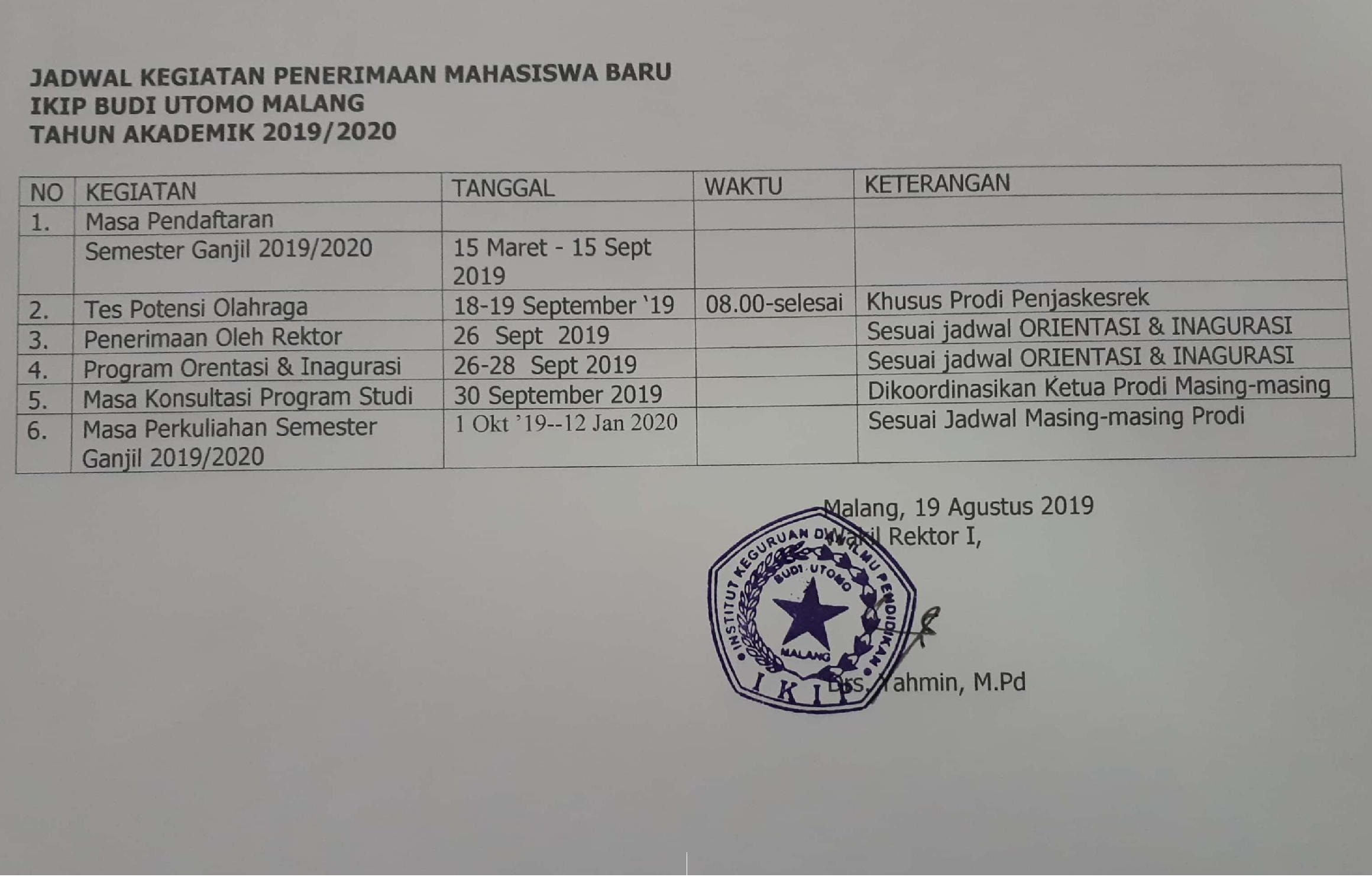 Ikip Budi Utomo Jadwal Kegiatan Penerimaan Mahasiswa Baru Ikip Budi Utomo Malang Tahun Akademik 2019 2020